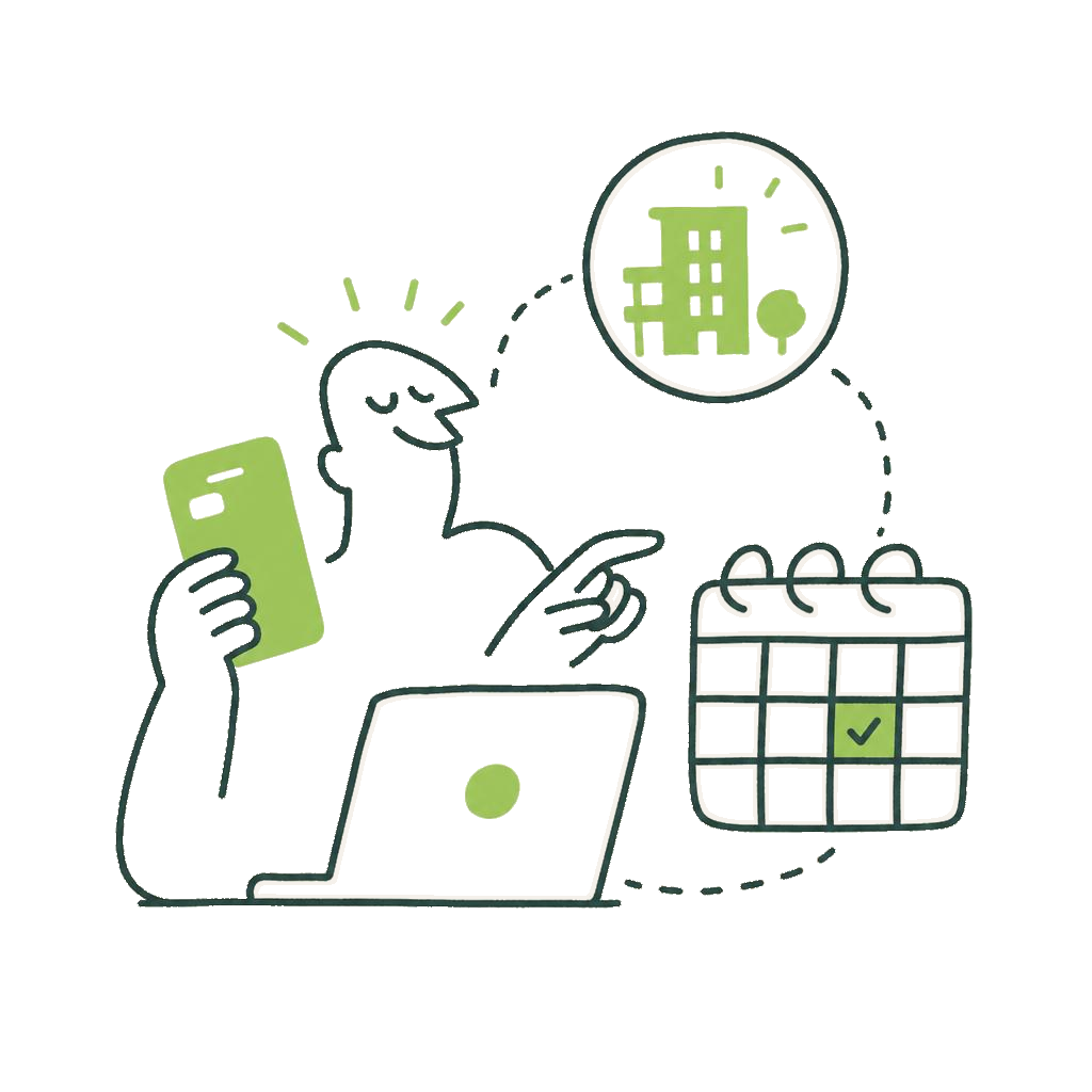 Tenant paying rent on schedule with a calendar and property icons
